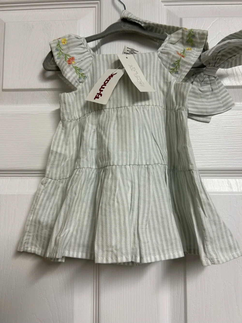 Rachel Zoe Mint Striped Button-Front Dress with Floral Embroidery